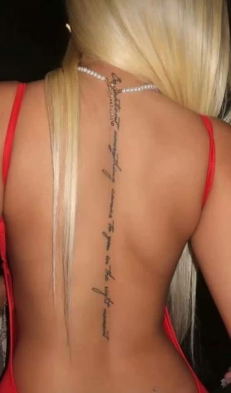 Back Tattoo For Backshots, Back Tattoos Women Quotes, Cute Dainty Spine Tattoos, Women Between Chest Tattoo, Tats Female, Back Tattoo Women Ideas, Spine Tats Quotes, Horizontal Back Tattoo, Spine Tats For Women