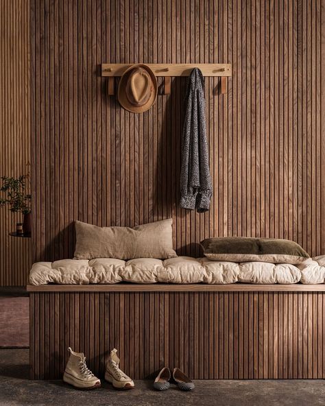 WVH® USA (@thewoodveneerhubusa) • Instagram photos and videos Tambour Wood Panel, Dark Slat Wall, Slat Wood Wall Panel, Dark Wood Paneling Walls, Walnut Slat Wall, Tambour Wall, Wood Slat Accent Wall, Classic Wall Panel, Tambour Wood