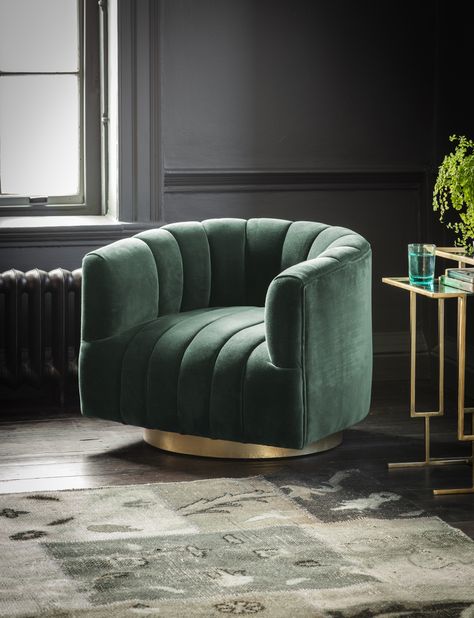 Sink into the comfort of the Bellagio Armchair in a rich dark green velvet finish. With its curvaceous arms and back and scalloped detailing, it offers an Art Deco look that’s perfect for mid-century modern living.  #midcenturymodern #artdeco #greenvelvet #greeninterior #jeweltoned #scalloped #atkinandthyme #armchair #livingroom #livingspace #darkgreen #petrolgreen Accent Sofa, Lounge Couch, Fireside Chairs, Sofa Chairs, Fabric Chair, Round Sofa, Velvet Accent Chair, Swivel Barrel Chair, Salon Chairs