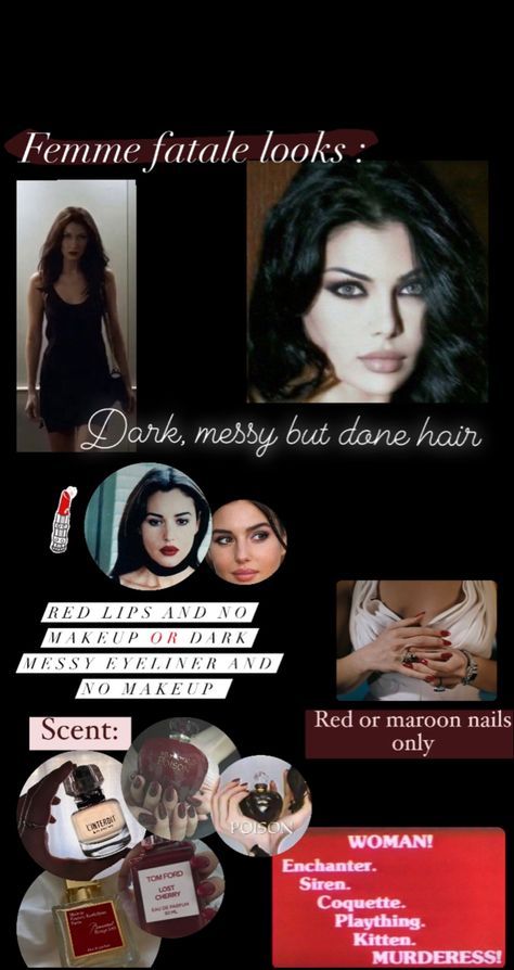 Femme fatale aesthetic rules Feme Fatale Aesthetic Makeup, Feme Fatale Nails, Classy Femme Fatale Aesthetic, Femme Fatale Outfits Aesthetic, Dark Feminine Look, 9 Types Of Men Femme Fatale, Fem Fatale Aesthetic Outfit, Femme Fatale Captions, Feminine Fatale Aesthetic