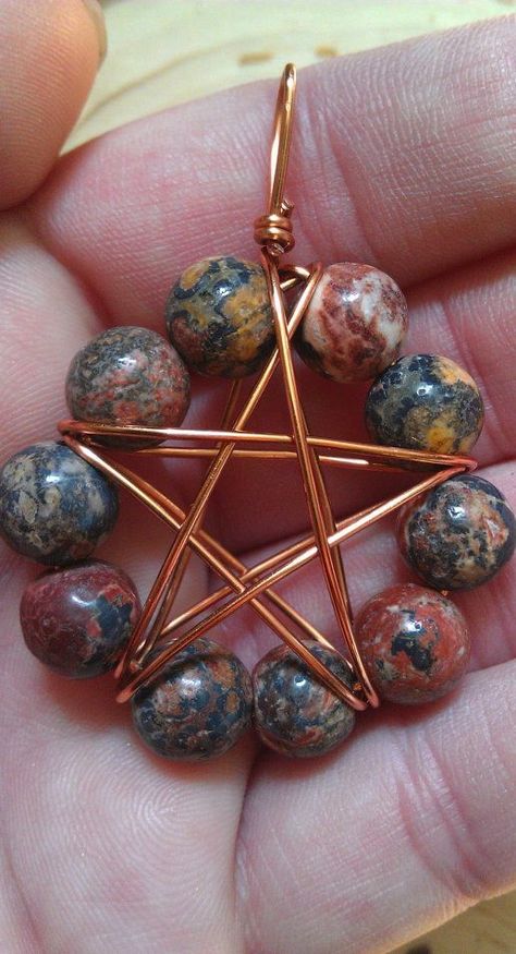 Wire Wrapped Necklace Ideas, Leopard Jasper, Wiccan Crafts, Pagan Crafts, Wire Jewelry Rings, Wire Wrapped Stone Jewelry, Wire Wrap Jewelry Designs, Pentagram Pendant, Wire Wrapped Jewelry Diy