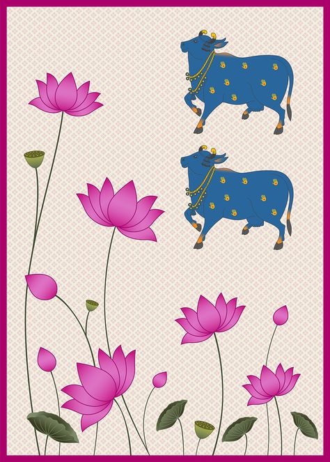 Indian Cow, Lotus Artwork, Pichwai Painting, Flower Step By Step, Lotus Flower Art, Lotus Painting, Arte Folk, Cowgirl Art, Pichwai Paintings