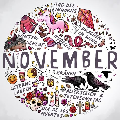 November–Illustration für Bulletjournals & Kalender - illustrierte Liste im Sketchnotestil von herbstlichen Aktivitäten und Feiertagen by Illustrie.com . November, bulletdiary, BuJo, art, illustration, Dessin, Zeichnung, sketchnote, graphic recording, Monat, Kalender, Planer, Kalenderblatt, Titelblatt, Termine, Familienkalender, Jahresplaner, Tagebuch, Journal, Jahreszeit, Saison, drawing, Herbst, Laub, Einhorn, Krähen, Laternelaufen, Igel, Winterschlaf, hügelig, gemütlich, Pullover, Schal, Mütz Hedgehog Hibernation, November Illustration, Hallo November, Calendar Doodles, Drawing Autumn, Bujo Art, Graphic Recording, Style List, Planner Diary