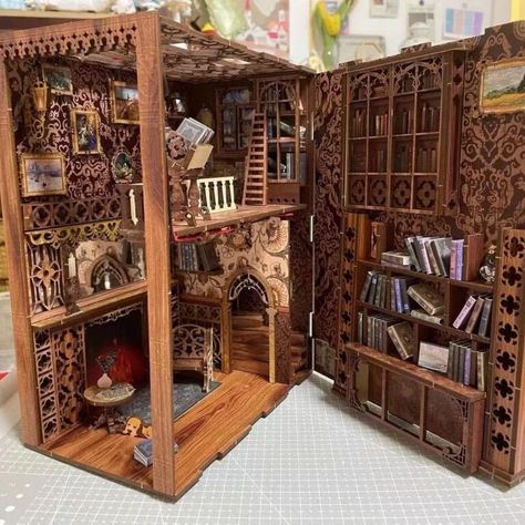 Bookish DIY Kits To Buy and Make for Holiday Gifting | Book Riot Eternal Bookstore, Diy Book Nook, Book Nook Kit, Bookshelf Art, Mini Library, Model Building Kits, Miniature Rooms, Wooden Books, Bookshelves Diy