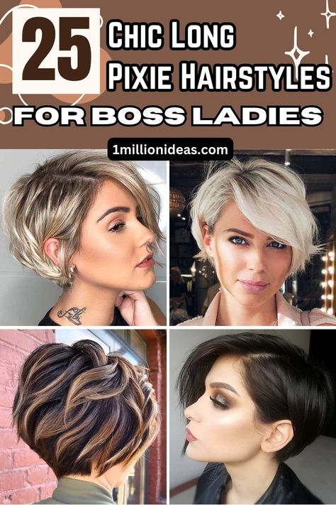 Ways To Style Long Pixie Hair, Grow Pixie Into Bob, Long Pixie Bob Haircut For Thick Hair, Short Hair Boss Lady, Short Modern Haircuts For Women, Short Haircuts For Growing Out Hair, Edgy Asymmetrical Haircut Short, Short Hairstyle Women 30s Thick Hair, Layered Long Pixie Haircut