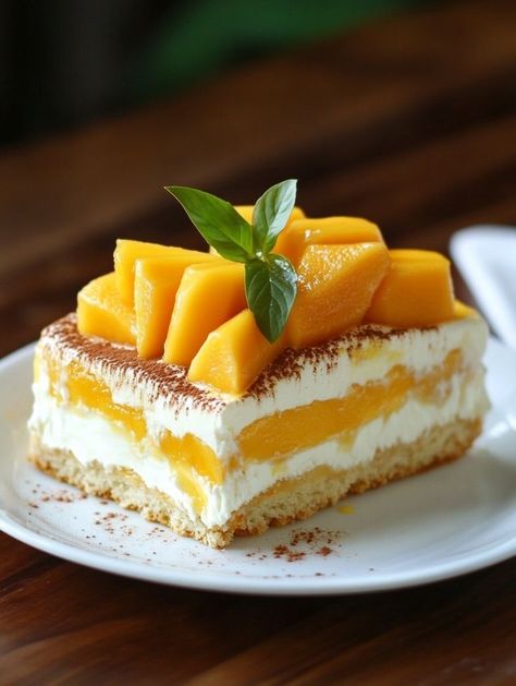 Mango Tiramisu, Mango And Passionfruit, Thickened Cream, Mango Passionfruit, Delicious Deserts, Tiramisu Cake, Tropical Twist, Refreshing Desserts, Mascarpone Cheese