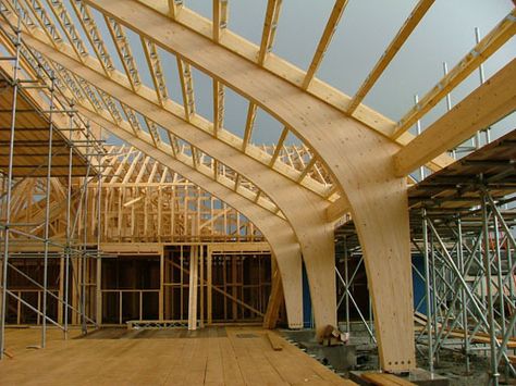 Retallack Resort and Spa - DJR Roof Trusses Ltd Structural Support Ideas, Curved Wood Architecture, Timber Portal Frame, Glulam Structure, Glulam Roof, Timber Roof Structure, Wood Roof Structure, Porch Extension, Truss Design