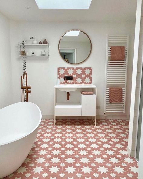 Bert & May Tiles and Interiors on Instagram: “Currently dreaming of this bathroom. It's certainly a dreamy one, @ninapeths. Did we mention that we like pink?! Our Core Collection, which…” Pink Floor Tiles, Fired Earth Bathroom, Earth Bathroom, Bert And May Tiles, Tiled Hallway, Pink Tiles, Fired Earth, Large Format Tile, Encaustic Tile