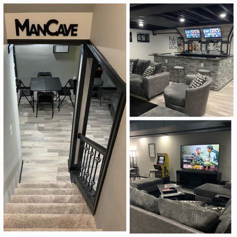 Love this set up! Basement Family Rooms, Basement Refinishing, Game Room Ideas, Closet Desk, Sneakerhead Room, Man Cave Design, Dream Ideas, Basement Remodel Diy, Man Cave Room