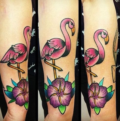 Very Beautiful Flamingo With Purple Flower Tattoo On Forearm Flamingo Tattoos, Purple Flower Tattoos, Rockabilly Tattoos, Athena Tattoo, Flamingo Tattoo, Forearm Flower Tattoo, Frog Tattoos, Traditional Tattoo Sleeve, Flower Tattoo Shoulder