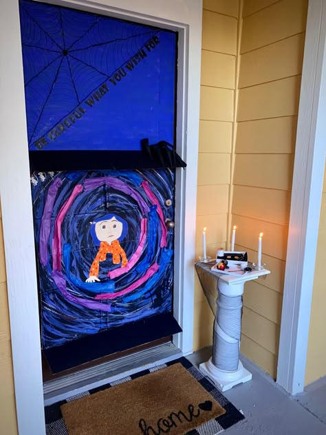 Coraline Door Decorations Classroom, Caroline Door Decoration, Coraline Classroom Door, Halloween Door Decorations Contest Ideas, Coraline Door Decoration, Scary Door Decorations Halloween, Coraline Trunk Or Treat, Feather Wreath Diy, Coraline Decorations Halloween