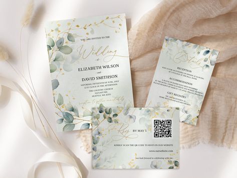 Eucalyptus Wedding Invitation Suite, Greenery Gold Wedding Invite rsvp, Rsvp Qr code Greenery Eucalyptus Invitation set Eucalyptus Wedding Theme, Wedding Invitations Qr Code, Invitation With Qr Code, Gold Wedding Invite, Greenery Gold Wedding, Eucalyptus Invitation, Rsvp Qr Code, Qr Code Wedding, Eucalyptus Wedding Invitation