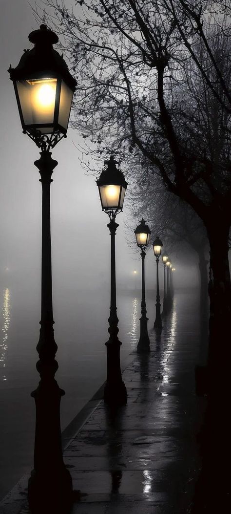 Lamppost At Night Aesthetic, Lamp Post Photography, Light And Dark Aesthetic, Street Lamp Aesthetic, Street Light Art, Unique Scenery, Night Wallpaper, Street Lights, Beautiful Dark Art