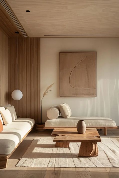 Best Japandi Living Room Designs to Elevate your Soul | VIVA Japandi Interiors Apartment, Japandi Aesthetic Interior, Japanese Sofa Design, Japandi Organization, Japandi Sculpture, Tokyo Apartment Aesthetic, Japan Living Room Japanese Style, Japandi Style Tv Unit, Japandi Hotel Room