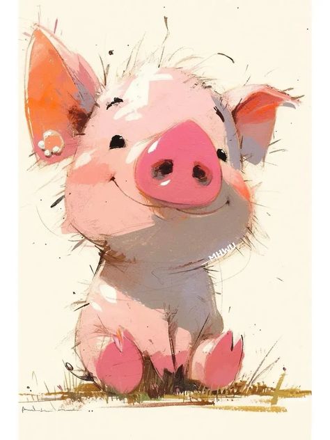 Cute Pig Drawing Easy, Cute Pig Illustration, Pig Paintings, Pig Watercolor, Pun Art, Pig Artwork, Pig Painting, Pig Drawing, Whimsical Art Paintings