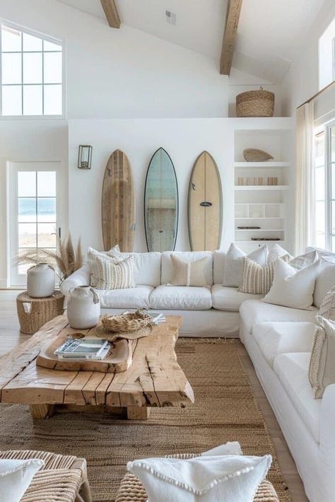 Beach Interior Decor, Beach House Neutral Decor, Ibiza Interior Design Living Rooms, Beach Vacation Home Decor, Laid Back Lifestyle, Surf Shack Interior Coastal Style, Coastal Loft Ideas, Beach Bungalow Aesthetic, Cute Costal House