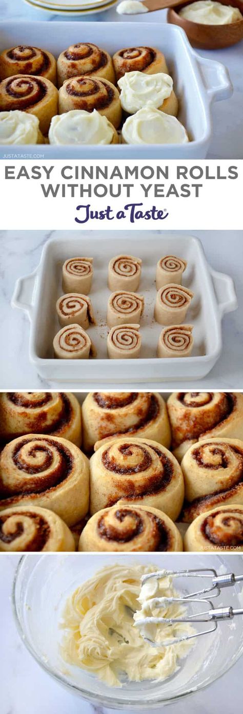 If you’re ready to ditch the yeast, skip the stand mixer, forget the eggs and lose the lengthy hours-long process of whipping up one of breakfast’s greatest carbs, then look no further than this recipe for Easy Homemade Cinnamon Rolls Without Yeast! justataste.com #recipes #cinnamonrolls #noyeastcinnamonrolls #homemadecinnamonrolls #easycinnamonrolls #brunchideas #justatasterecipes Homemade Cinnamon Rolls Without Yeast, Rolls Without Yeast, Cinnamon Rolls Without Yeast, Cinn Rolls, Easy Homemade Cinnamon Rolls, No Yeast Cinnamon Rolls, Homemade Cinnamon Rolls Easy, Brunch Foods, Makey Makey