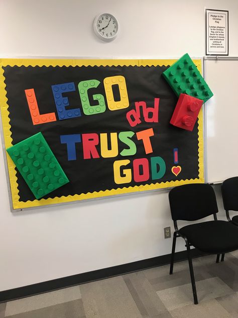 Lego And Trust God, Vbs Board Game Theme Crafts, Twists And Turns Craft Ideas, Vacation Bible School Decorations, Board Game Bulletin Board Ideas, Faith Bulletin Board Ideas, Board Game Door Decorations, Lego Vbs Decorations, Children Church Decor Ideas