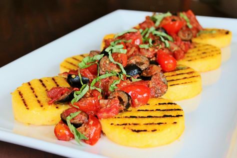 Grilled Polenta with Tomatoes & Olives Best Sides For Fish, Sides For Fish, Easy Polenta, Gluten Free Grilling, Grilled Polenta, Side Dishes For Fish, Fish Entrees, Best Sides, Oven Roasted Sweet Potatoes