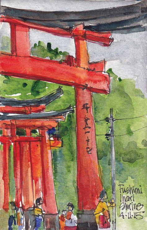 KYOTO April 2015 Asian Painting Ideas, Asian Watercolor Paintings, Kyoto Drawing, Japan Watercolor Painting, Japan Sketchbook, Asia Drawing, Tokyo Watercolor, Japan Postcard, Asian Watercolor