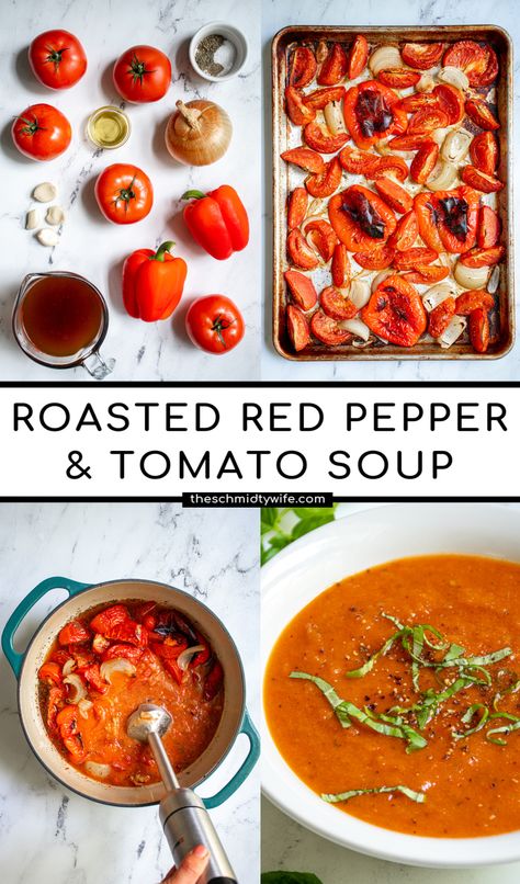 Vegan Fresh Tomato Soup, Roasted Red Tomato Soup, Creamy Red Pepper Tomato Soup, Soup With Roasted Tomatoes, Tomato Soup With Veggies, Tomato Soup With Red Pepper, Roasted Red Pepper And Tomato Soup With Coconut Milk, Creamy Roasted Red Pepper And Tomato Soup, Roasted Red Pepper Tomato Bisque