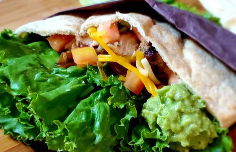 Chicken Fajita Pita, Smashed Avocado, Delicious Sandwiches, Chicken Fajitas, Fajitas, Caramelized Onions, Pita, Caramel, Low Carb