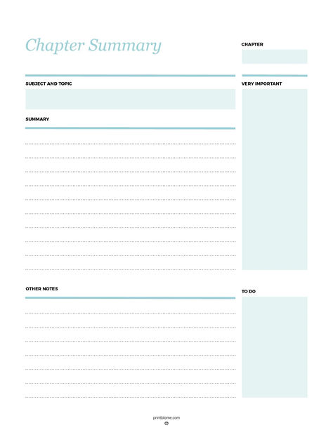 A chapter summary sheet with sections for the subject, chapter title, key points, summary, other notes, and a to-do list for organized study. How To Plan A Chapter, Chapter Notes Template, Research Notes Template, Study Sheets Template, Chapter Summary Notes, Chapter Summary Template, Effective Study Habits, Study Format, Study Guide Template