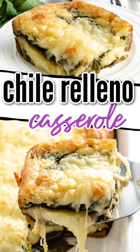 This Chile Relleno Casserole is your favorite Tex-Mex dish baked into a casserole! It’s made with roasted, cheese-stuffed poblano peppers covered in a fluffy egg batter, topped with more cheese, then baked until light, crispy, gooey, and perfectly golden. Chile Relleno Casserole Recipe, Chili Relleno Casserole, Relleno Casserole, Chile Relleno Casserole, Chili Relleno, Poblano Peppers, Chile Relleno, Stuffed Poblano Peppers, Easy Casserole Recipes