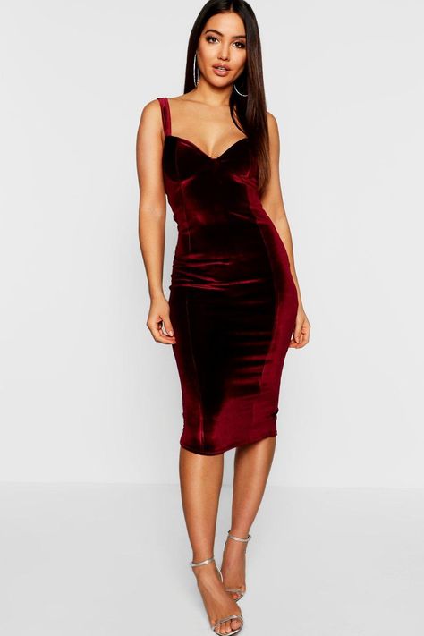 Latest Velvet Dresses, Bustier Midi Dress, Velvet Bustier, Midi Party Dress, Crushed Velvet Dress, Strappy Midi Dress, Black Velvet Dress, Bodycon Fashion, Red Midi Dress