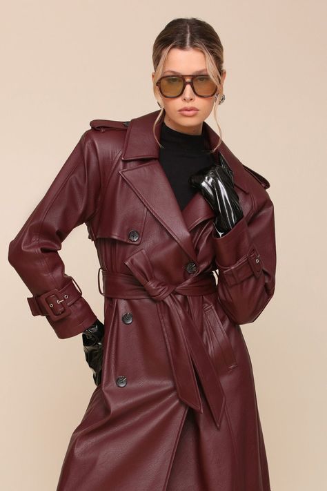 Faux-Ever Leather Strong Shoulder Long Maxi Red Brown Trench Coat - Shop trench coat by Avec Les Filles Burgundy Trench Coat Outfit, Hoodie Layering, Leather Coat Outfit, Burgundy Trench Coat, 13 Outfits, Paris Wardrobe, Black Mulberry, Best Hoodie, Celebrity Style Icons