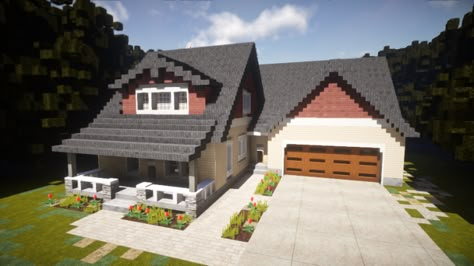 Front View with Small Garage Door Detailing. Garage Minecraft Ideas, Minecraft House With Garage, Minecraft Garage Door, Minecraft Garage Ideas, Cottage Style House Exterior, Minecraft Front Door, Garage Minecraft, Minecraft Garage, Minecraft Suburban House