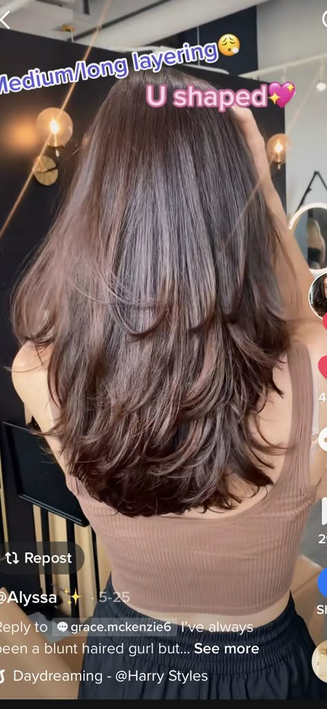 Medium U Shaped Haircut With Layers, U Shape Medium Length Hair, Hair Cut Ideas For Girls Layers, Square Box With Layers Haircut, Long Layered V Shaped Haircut With Curtain Bangs, Deep Layer Haircut For Medium Hair, Trimmed Hairstyles Women, Medium Length Long Layers Face Framing, U Shaped Layered Hair Medium