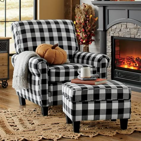 Buffalo Check Armchair and Ottoman Cozy Fall Porch, Diy Bedroom Decorating, Room Ideas Farmhouse Style, Plaid Living Room, Luxury Living Room Designs, Dollar Tree Fall Decor Diy, Dollar Tree Fall Decor, Buffalo Check Decor, Decor Diy Bedroom