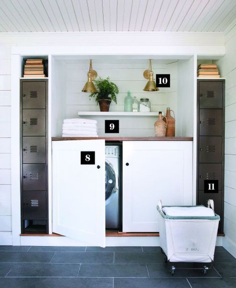 It’s a sunroom and a laundry room - The Boston Globe Outside Laundry Room, Outdoor Laundry Area, White Slipcovered Chair, Outdoor Laundry Rooms, Outdoor Laundry, Shiplap Paneling, Vintage Lockers, Laundry Cabinets, Laundry Area