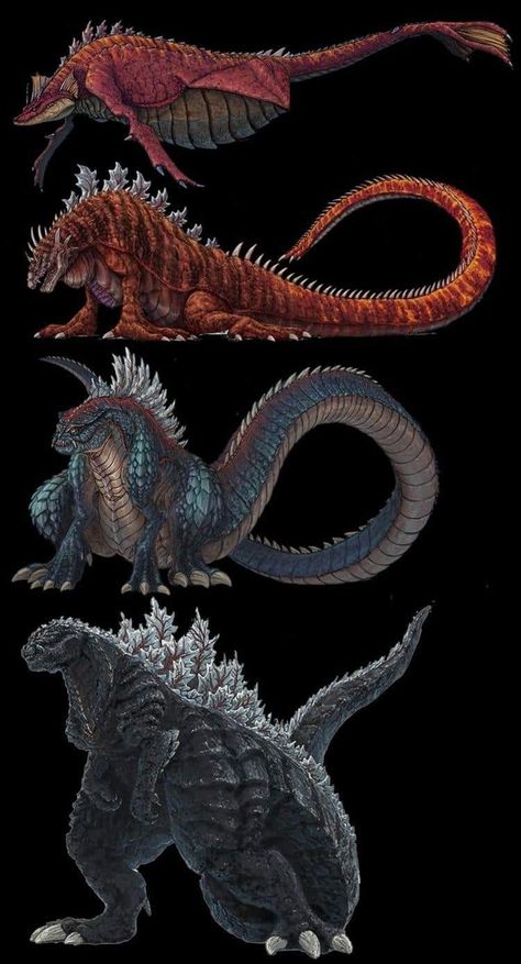 Godzilla's evolution throughout the 'Singular Point' anime series. Top: Godzilla Aquatilis 2nd: Godzilla Amphibia 3rd: Godzilla Terrestris Bottom: Godzilla Ultima Godzilla Ultima, Mecha Godzilla, Godzilla Kaiju, Godzilla Franchise, Monster Verse, Godzilla Funny, Kong Godzilla, King Kong Vs Godzilla, Kaiju Design