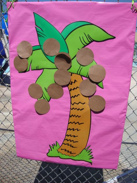 Pin the coconut on the palm tree game Pin The Coconut On The Palm Tree, End Of The Year Luau Classroom Party, Hawaii Activities For Preschool, Luau Games For Kids, Luau Party Games For Kids, Luau Party Activities, Tropical Activities, Hawaii Games, Luau Crafts