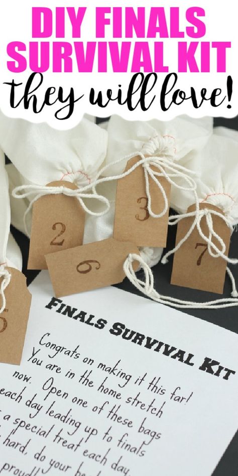 Make this DIY finals survival kit for your college student! Includes instructions, gift ideas, and a free printable note! #finals #collegestudent #giftidea Matric Exam Survival Kit, Study Survival Kit, Finals Survival Kit College, Finals Survival Kit, College Finals Care Package, Finals Week Care Package, Finals Care Package, Survivor Kit, Student Survival Kits