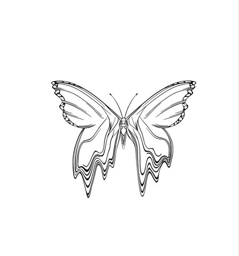 Melting Moth Tattoo, Wavy Butterfly Tattoo, Melting Butterfly Drawing, Butterfly Domino Effect Tattoo, Drip Tattoo Design, Melted Tattoo Design, Distorted Butterfly Tattoo, Dripping Tattoo Ideas, Split Butterfly Tattoo