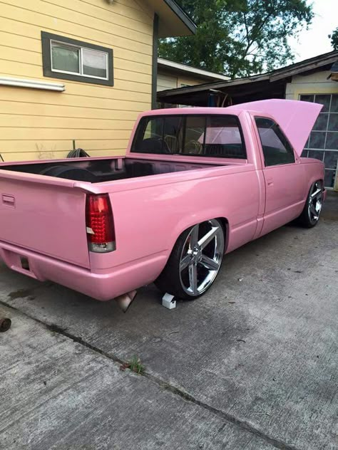 Pink Chevrolet Pink Pickup Truck, Pink Truck Interior, Pink Trucks, Pink Chevy Trucks, Pink Chevy, Small Pickups, Lowrider Model Cars, Black Truck, Pink Truck