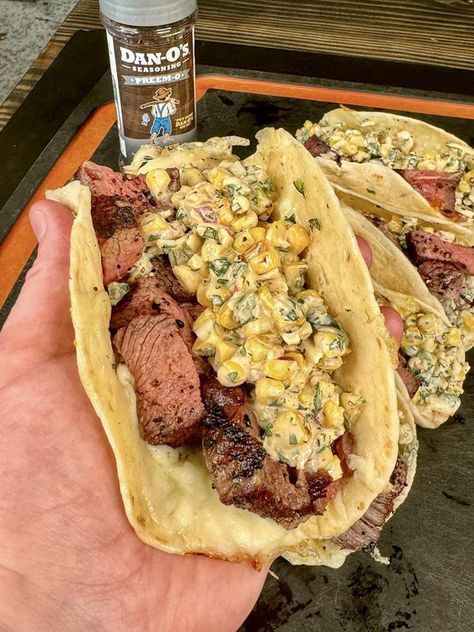 Elote Tacos, Grill Nation, Elote Recipe, Grilled Taco, Griddle Recipes, Steak Tacos, Grilled Dinner, Grilled Steak, Satisfying Food