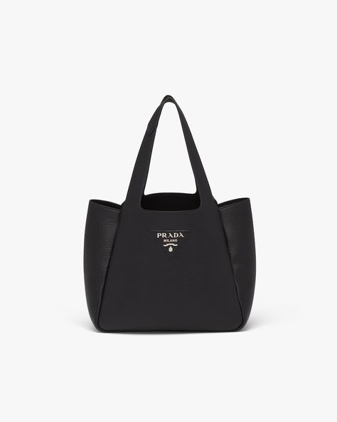 Black Prada Dynamique leather tote | Prada Prada Leather Tote, Metal Lettering, Prada Tote Bag, Soft Leather Tote, Leather Shopper Bag, Prada Logo, Appointment Book, Lettering Logo, Black Leather Tote