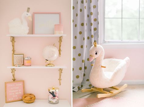 Pink And Gold Swan Nursery, Swan Lake Nursery Theme, Swan Theme Nursery, Swan Lake Nursery, Swan Bedroom, Newborn Bedroom, Swan Nursery Decor, Baby Shelves