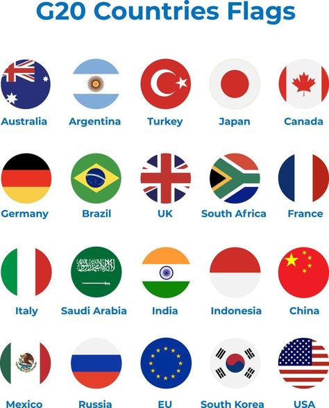 G20 countries flags circles vector template G20 Country Flags, G20 Flags, G20 Poster, Country Symbols, G20 Countries, World Environment Day Posters, United Nations Flag, Social Credit, All Country Flags