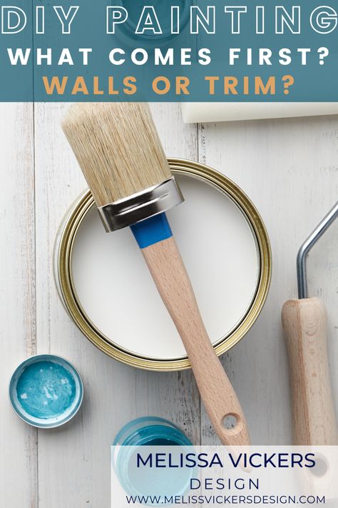 Can of white paint open, with a clean brush sitting on top. Do You Paint Walls Or Trim First, Sanding Trim Before Painting, Diy Trim Painting, Paint Walls Or Trim First, Paint Trim Or Walls First, Painting Trim Tips, How To Paint Trim, Paint Trim, Trim Paint