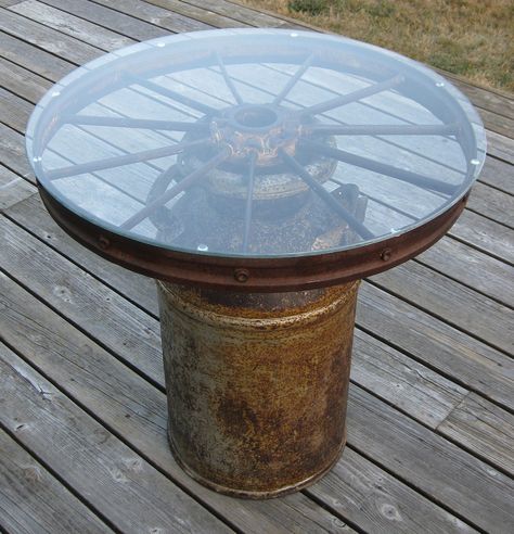 Wagon Wheel Table | by KamKinz Roda Gerobak, Wagon Wheel Table, Milk Can Table, Milk Can Decor, Old Milk Cans, Small Dining Room Table, Wheel Decor, Mesa Exterior, Table Cafe