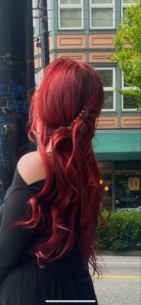 Reddish Orange Hair Color, Dark Red Hair With Balayage, Long Red Hair Dyed, Long Hairstyles Red Hair, Tanjiro Hair Color, Red Hair With Blue Underneath, Light Red Hair Aesthetic, Long Dyed Red Hair, Cherry Copper Hair Color