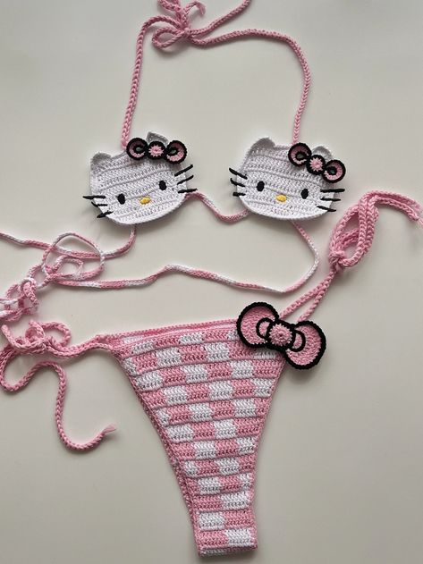 "bathing suit is so cute! i feel like the only thing is the top is barely covering my nipples 😭😅😅😅maybe this bathing suit is meant for people with smaller breasts." - alexa s. Pink Hello Kitty Outfit, Ropa Hello Kitty, Hello Kitty Ropa, Hello Kitty Design, Kitty Makeup, Hello Kitty Crochet, Images Hello Kitty, Kitty Clothes, Kitty Items