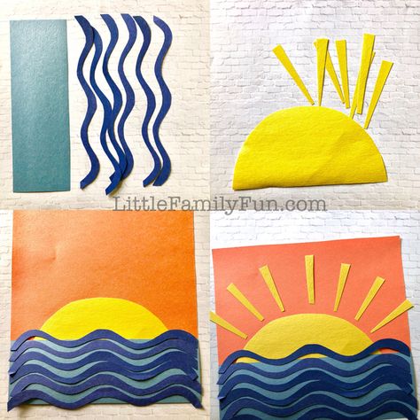 Little Family Fun: Sunset Craft for Kids Sunset Craft Preschool, Preschool Nature Theme, Sunset Craft, Preschool Ocean Theme, Sun Craft, Preschool Ocean, Sunshine Crafts, Weekly Themes, Ocean Theme Preschool