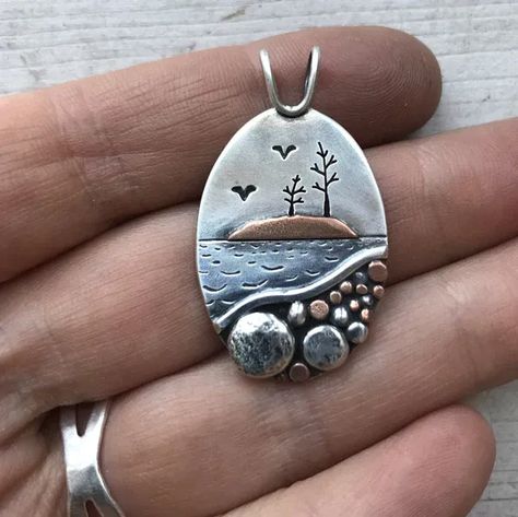 sterling silver and gold necklace water scape pendant. boho handmade indie unique contemporary and modern. Metal Clay Jewelry, Precious Metal Clay, Mixed Metal Jewelry, Silver Jewelry Handmade, Metal Clay, Ceramic Jewelry, Polymer Clay Jewelry, Clay Jewelry, Metal Jewelry