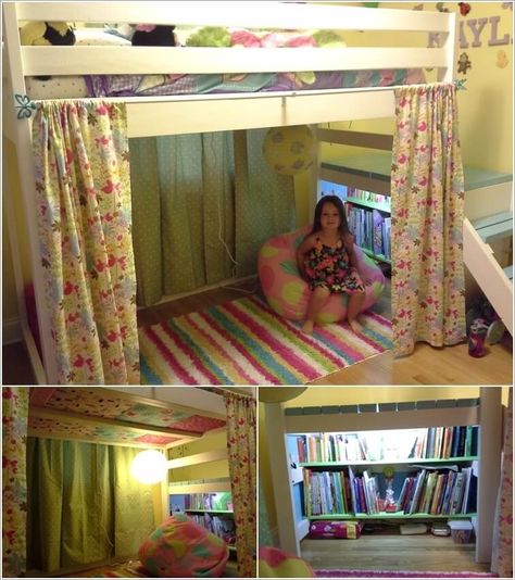 10 Creative Ways to Decorate Under a Loft Bed Under Loft Bed, Boys Loft Beds, Bunk Bed Curtains, Loft Bed Ideas For Small Rooms, Bed With Desk Underneath, Loft Bed Curtains, Ikea Loft Bed, Girls Loft Bed, Loft Bed Plans